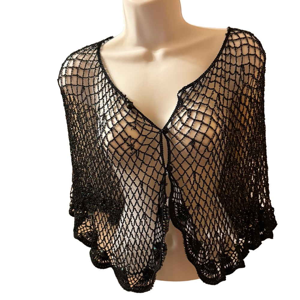 Black Crochet Beaded Shawl Shrug Open Knit Mesh Bolero Capelet Evening Wear